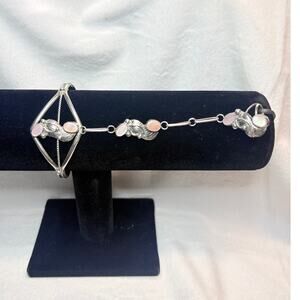 Vintage 900 Silver Hand Chain Bracelet and Ring Set w/ Pink MOP Cabochons